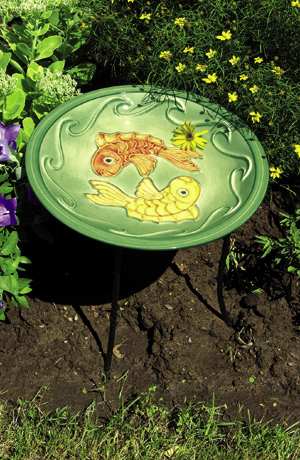 Achla Green Fish Ceramic Birdbath w/Stake