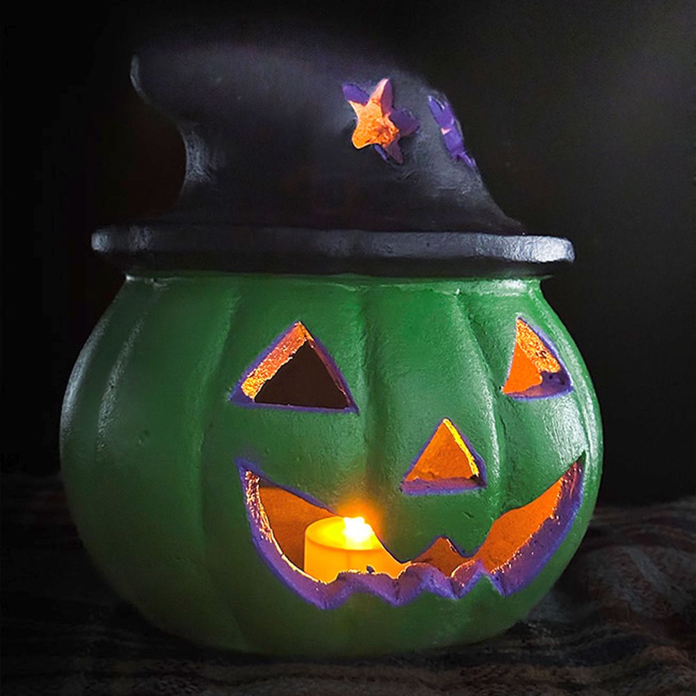 Artisanal Jack-O-Lantern Witch Hat Luminary Green
