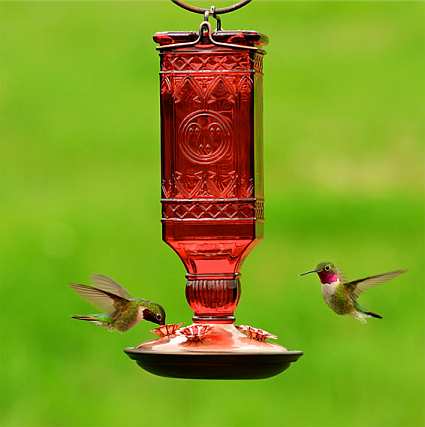 Red Square Antique Glass Hummingbird Feeder