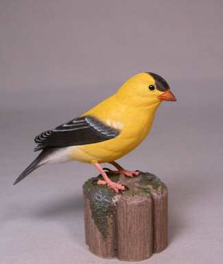 Original Wood Bird Carvings, American Goldfinch Male Carved Wood Bird 