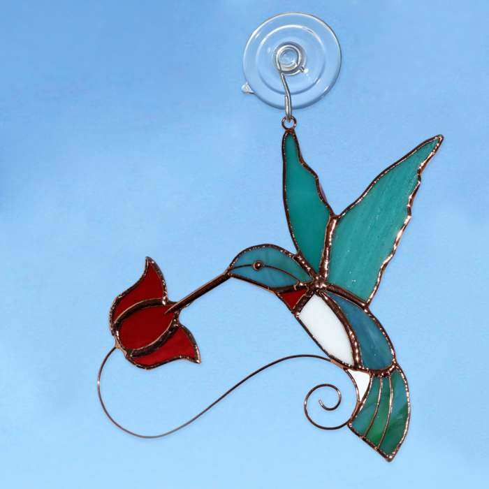 Hummingbird with Red Flower Leaded Stained Glass Wind Chime