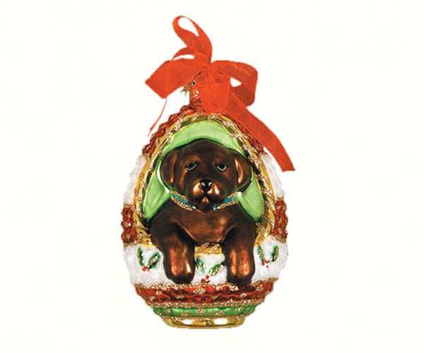 Blown Glass Ornament Playful Puppy Chocolate Lab