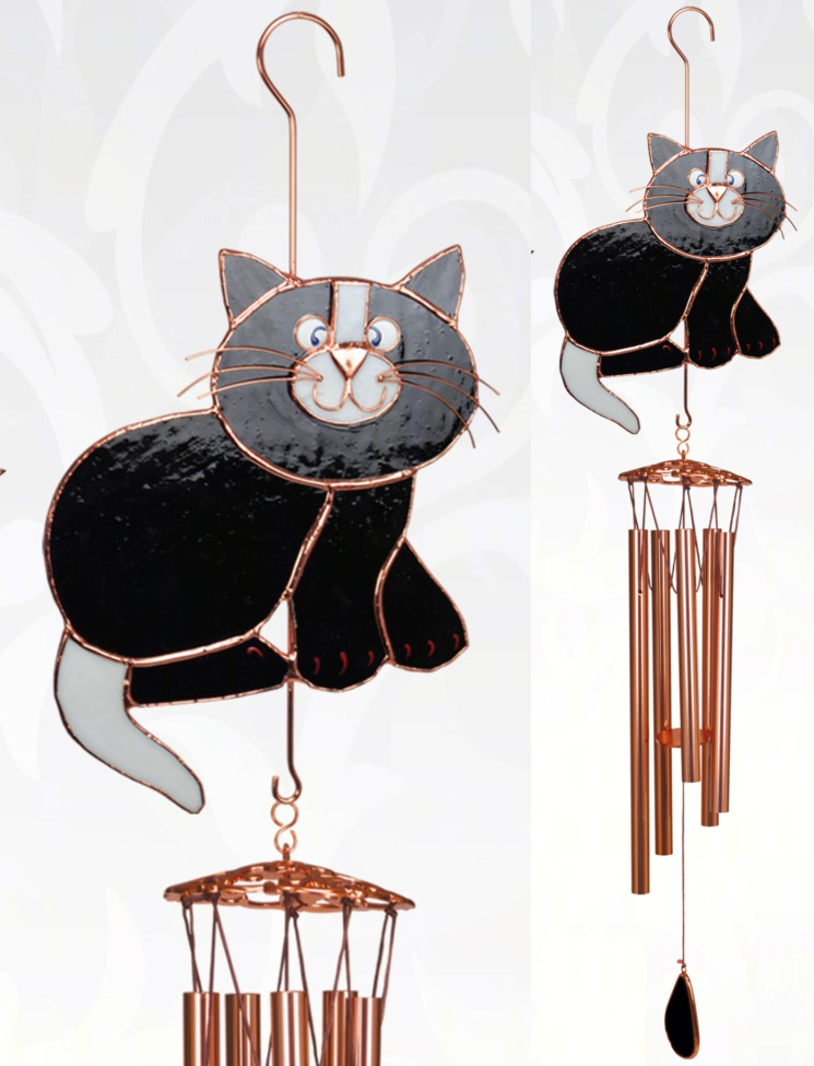 Stained Glass Windchime Black & White Cat Large
