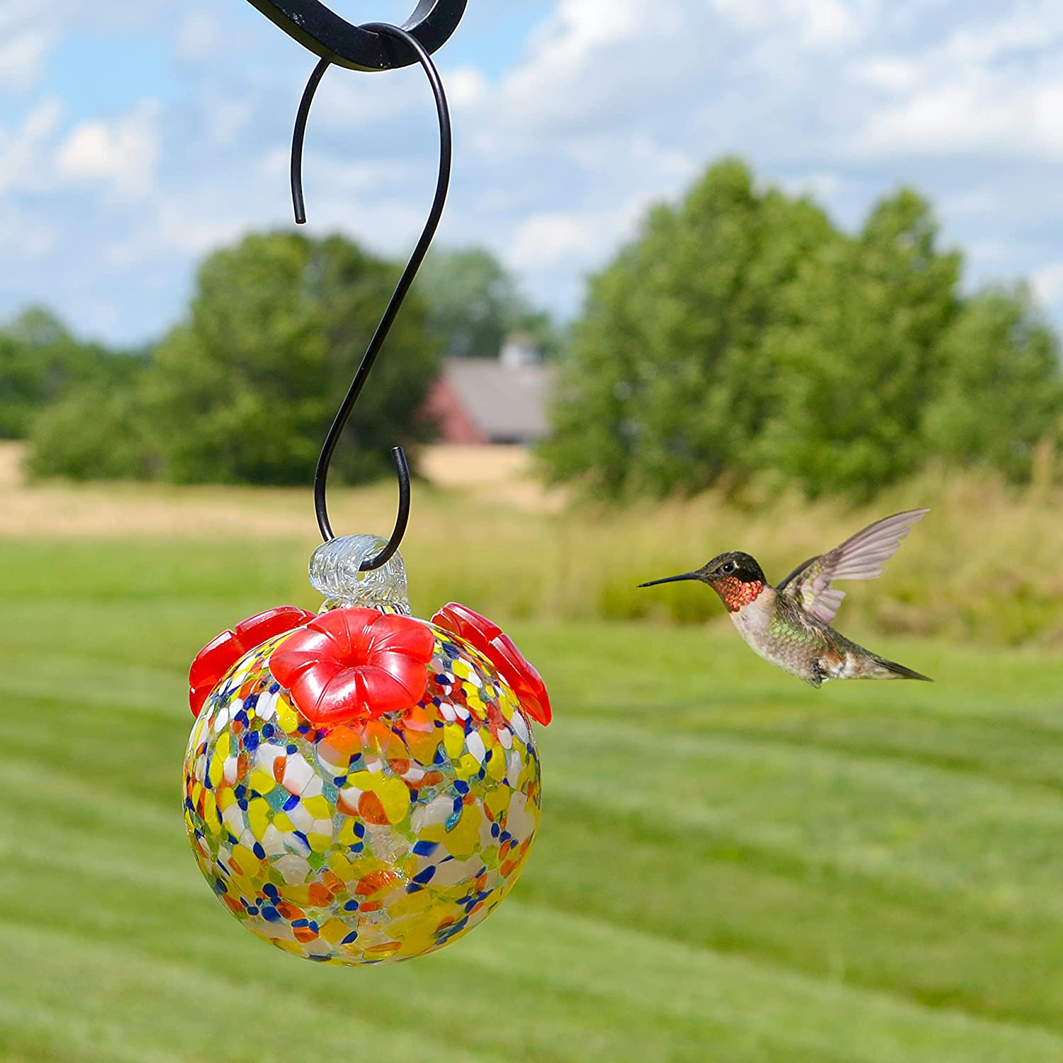 Blown Glass Hummingbird Feeder Multicolored