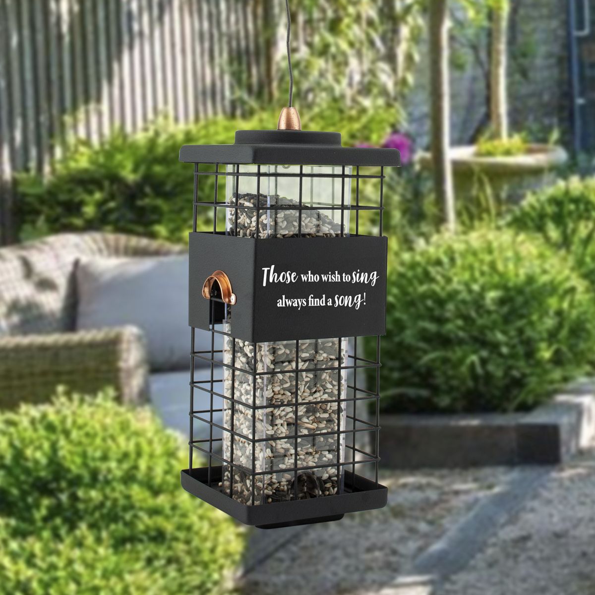 Modern Farmhouse Caged Tubular Feeder with Quote
