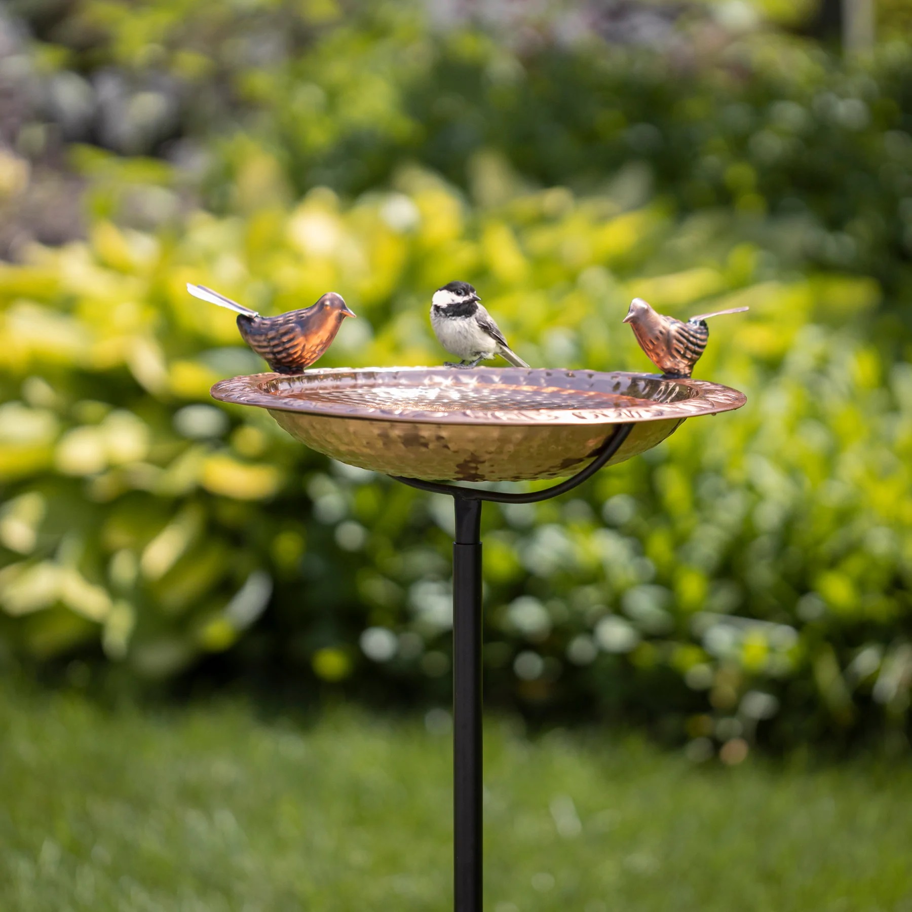 Solid Copper Garden Stake Birdbath w/2 Birds 13.5
