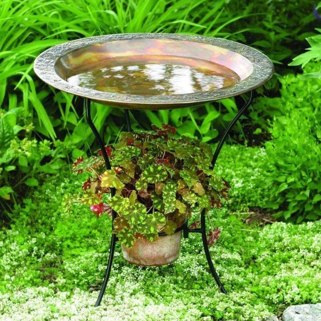 Copper-hued Embossed Birdbath and Stand