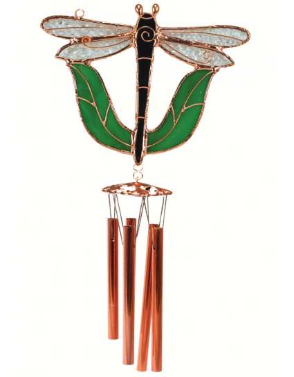 Stained Glass Windchime Dragonfly w/Leaves Small