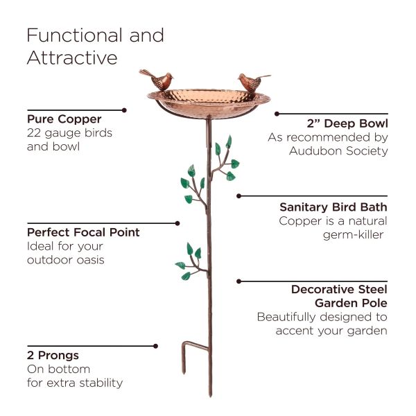 Solid Copper Garden Stake Bird Bath Tree Themed with 2 Copper Birds on Rim