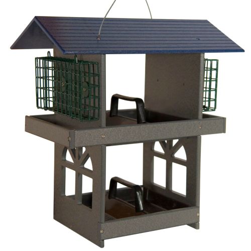 Recycled Poly Double Fly-Through Bird Feeder with Double Suet Cages - Blue/Gray
