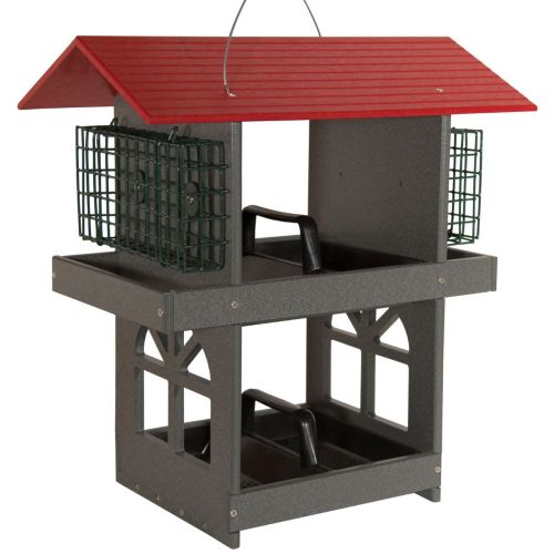 Recycled Poly Double Fly-Through Bird Feeder with Double Suet Cages - Red/Gray