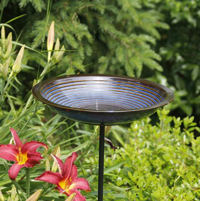 Circles Stoneware Staked Birdbath Cobalt Blue