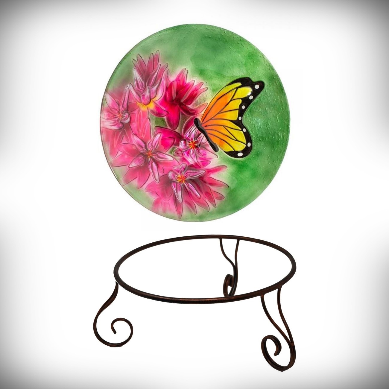 Embossed Monarch on Milkweed Birdbath & Pedestal